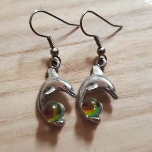 Dancing dolphin earrings with faux moonstone